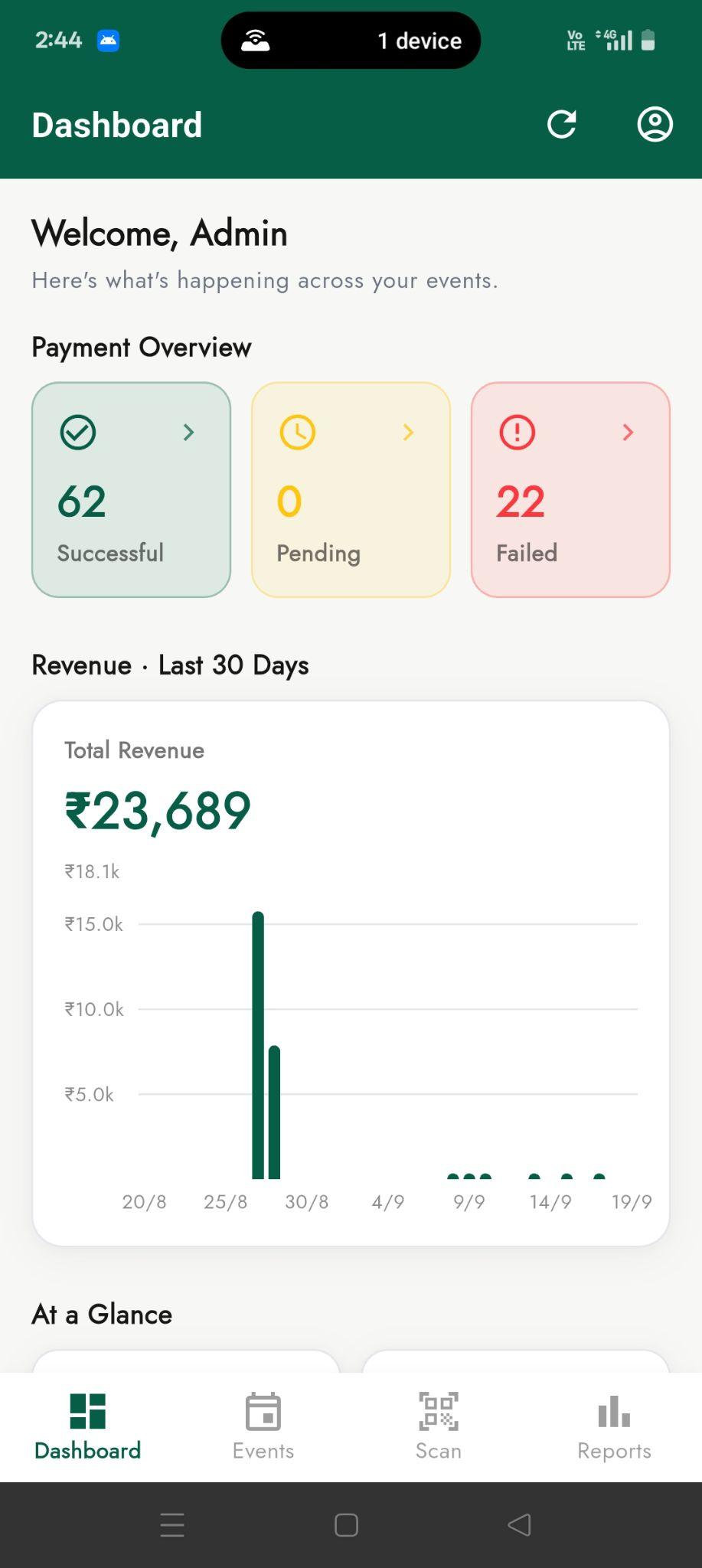 Fern Events — admin dashboard showing payment overview and revenue for the last 30 days