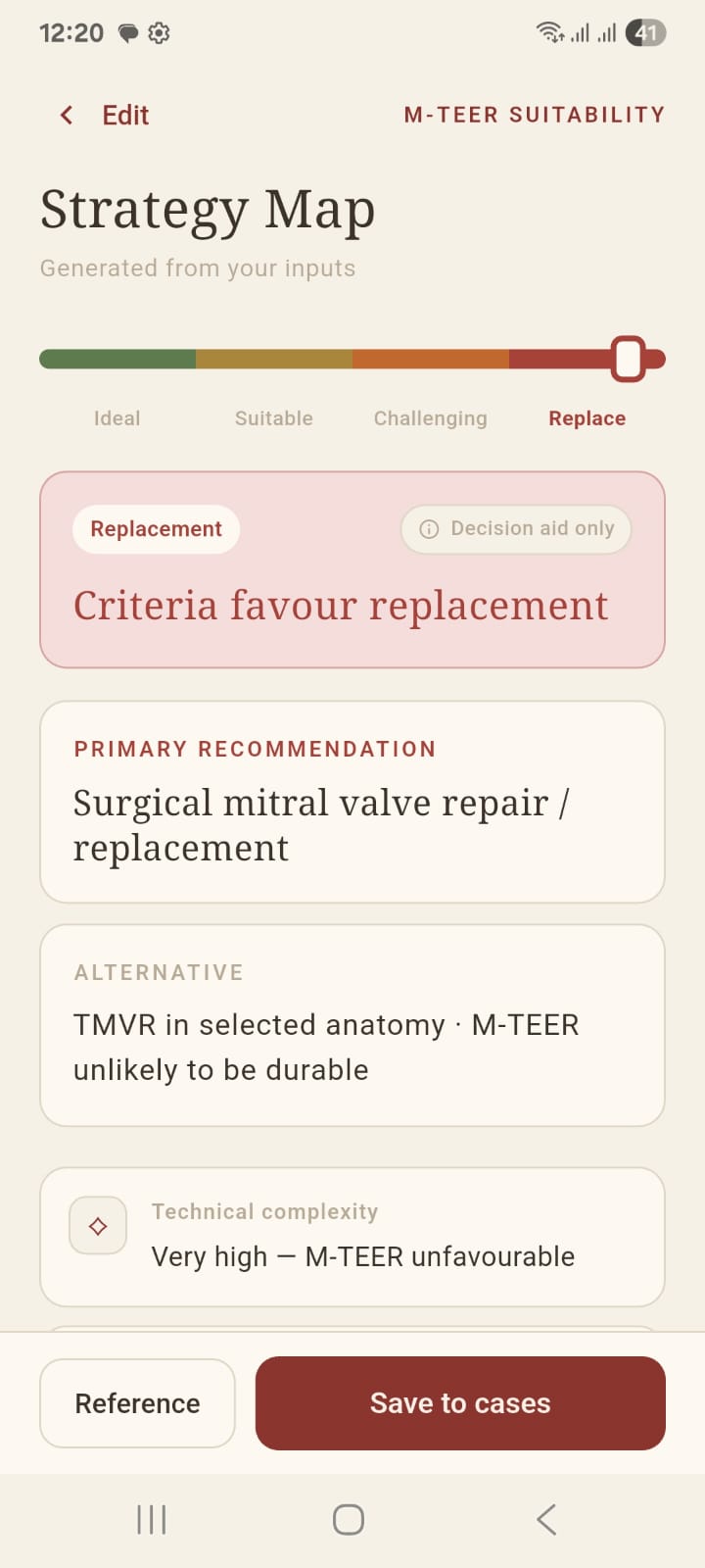 Mitral Valve Strategy App — M-TEER suitability strategy map with a primary recommendation